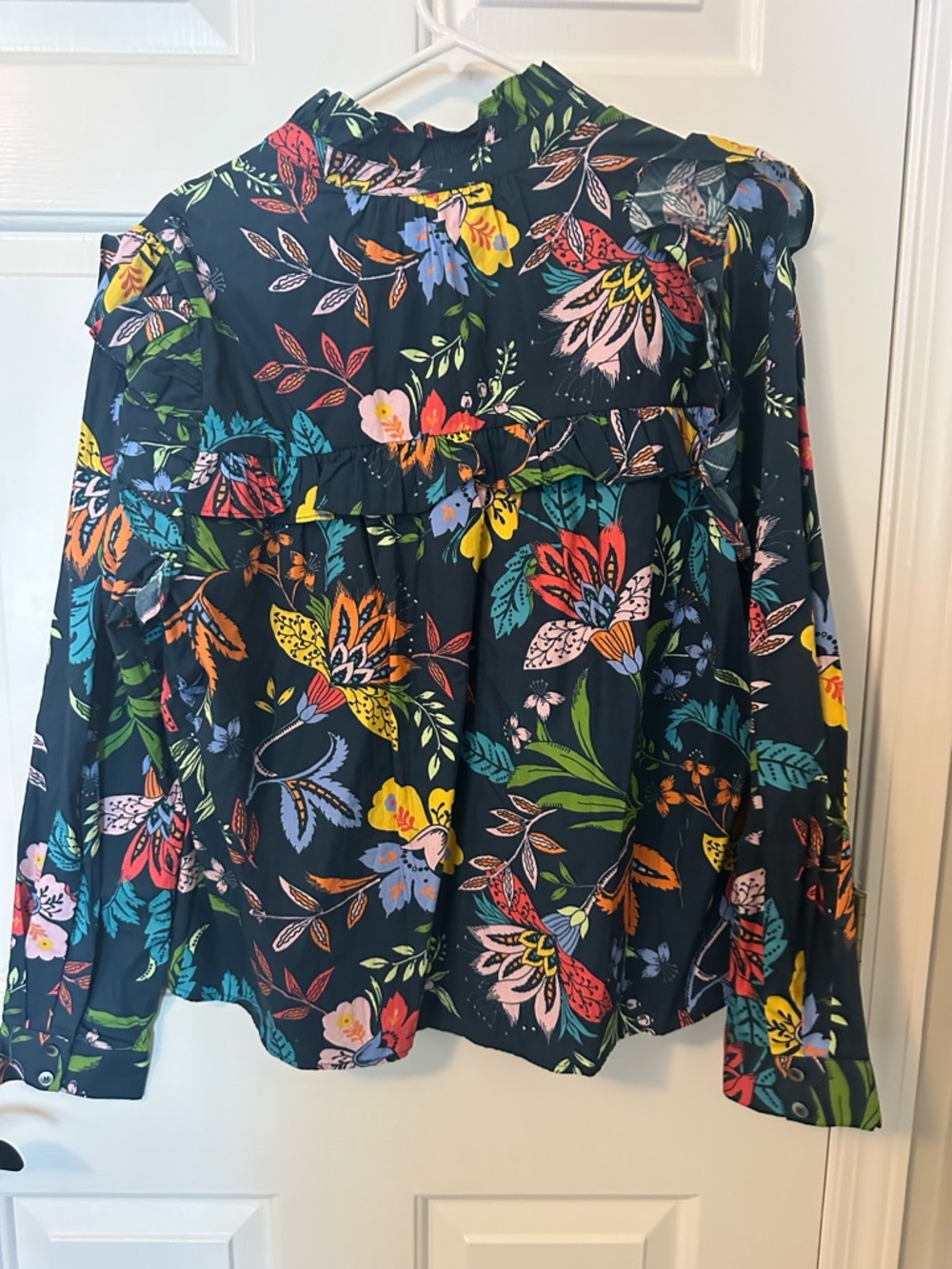 Cara Navy Floral Button-Front Ruffle Blouse - Picture 3 of 3